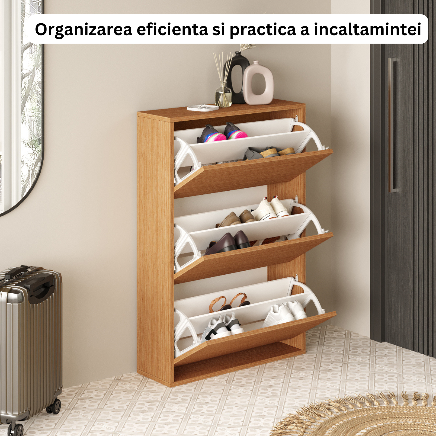 Pantofar Slim pentru Incaltaminte, Bezubi Bilbao, 3 Sertare, capacitate pana la 18 perechi, 110 X 73 X 24 cm, Sistem anti-inclinare, Design Subtire, Economie de Spatiu, pentru Hol, Dormitor sau Living, maro