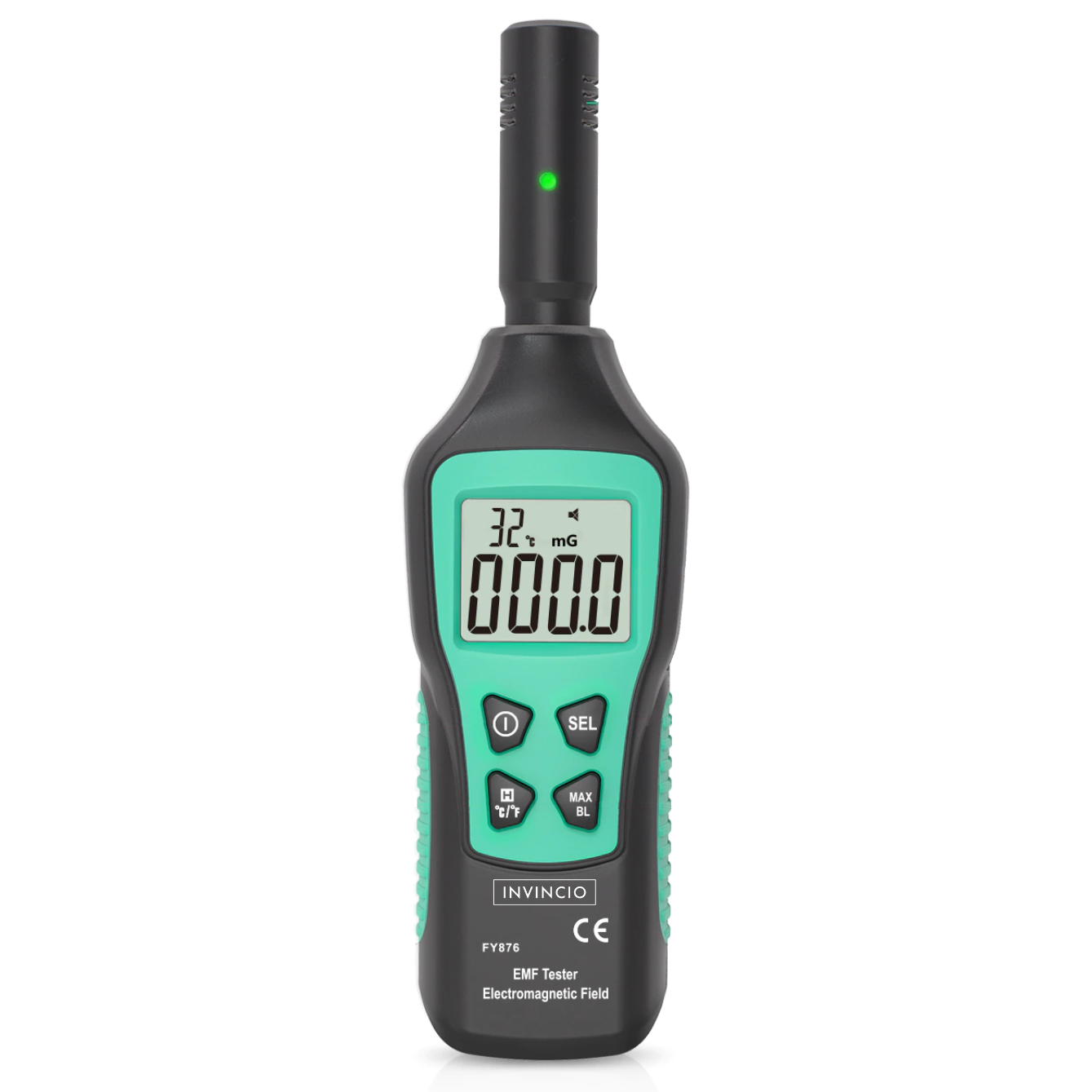 Detector radiatii electro-magnetice Invincio, detectie mG/µT/(V/M), display LCD iluminat, masoara si temperatura ℃/℉, functie memorare valoare maxima, lanterna, culoare verde