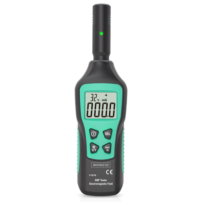 Detector radiatii electro-magnetice Invincio, detectie mG/µT/(V/M), display LCD iluminat, masoara si temperatura ℃/℉, functie memorare valoare maxima, lanterna, culoare verde