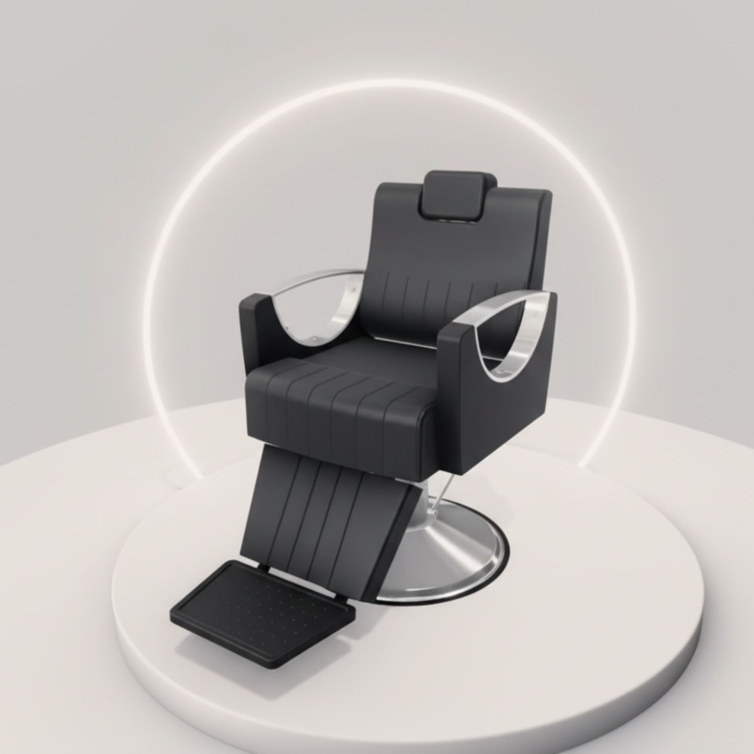 Scaun frizerie coafor barber profesional Invincio Elitte, design ergonomic, pompa hidraulica reglabila, spatar rabatabil, tetiera ajustabila, suport picioare cromat, rotire 360°, piele ecologica, negru