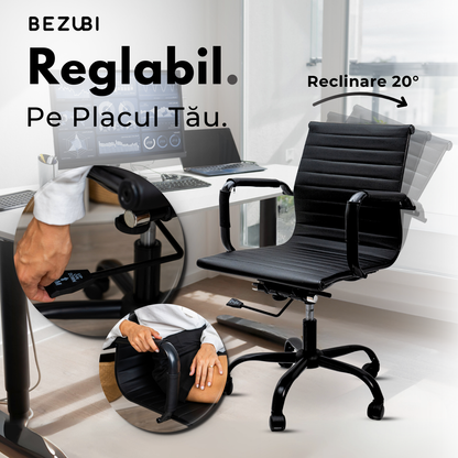 Scaun de birou Bezubi Confort, confortabil, pivotant, ergonomic cu spatar reglabil pe inaltime si inclinare, tapitat piele ecologica premium, suport pentru brate, cadru cromat, roti silentioase, negru