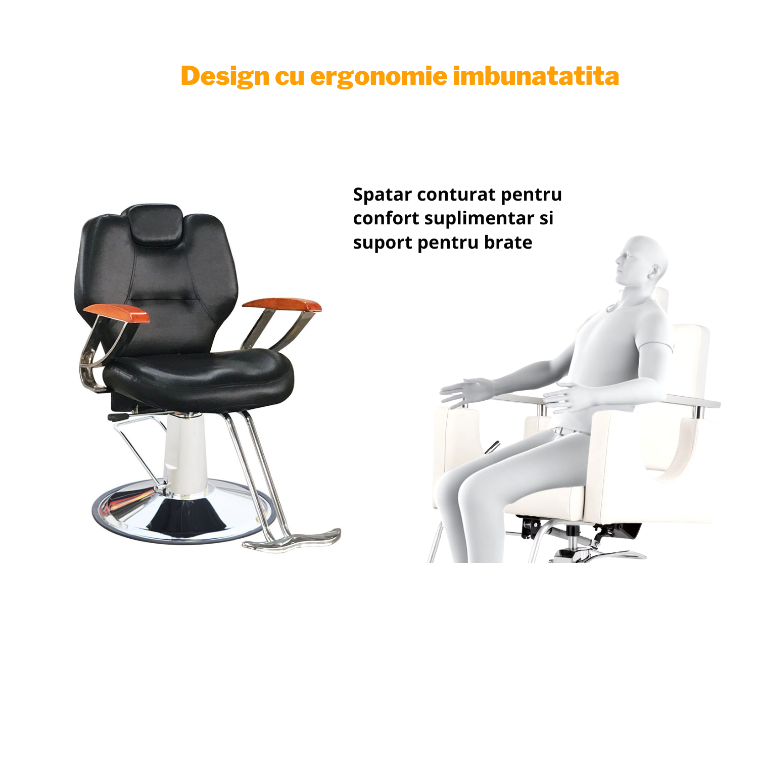 Scaun profesional pentru frizerie si barber shop Invincio™ PRO, Rotire la 360 grade, Rabatabil 180 grade, Piston hidraulic, Reglabil pe inaltime, Tetiera reglabila, Piele ecologica, Negru portocaliu