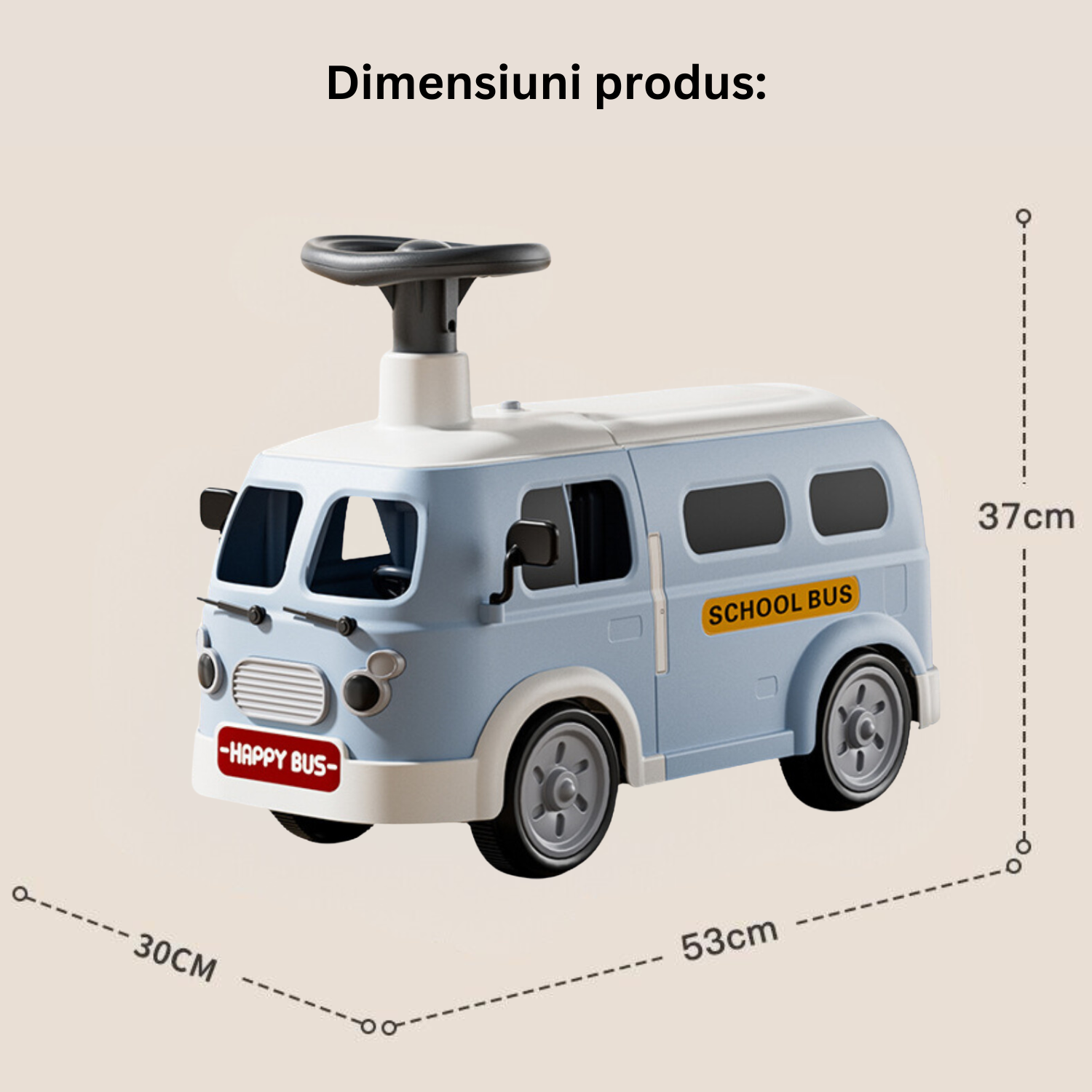 Scooter pentru copii, Bezubi Ride On, model autobuz, adecvat pentru copii 1-4 ani, fara pedale, structura stabila, roti anti-derapante si silentioase, muzica si lumini interactive, spatiu depozitare apa sau jucarii, alb-albastru