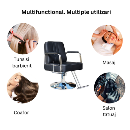 Scaun profesional Invincio EasyWay, design ergonomic, pentru salone de coafor, frizerie, tatuaj, piston hidraulic, rotire la 360 de grade, piele ecologica, inaltime reglabila, negru argintiu