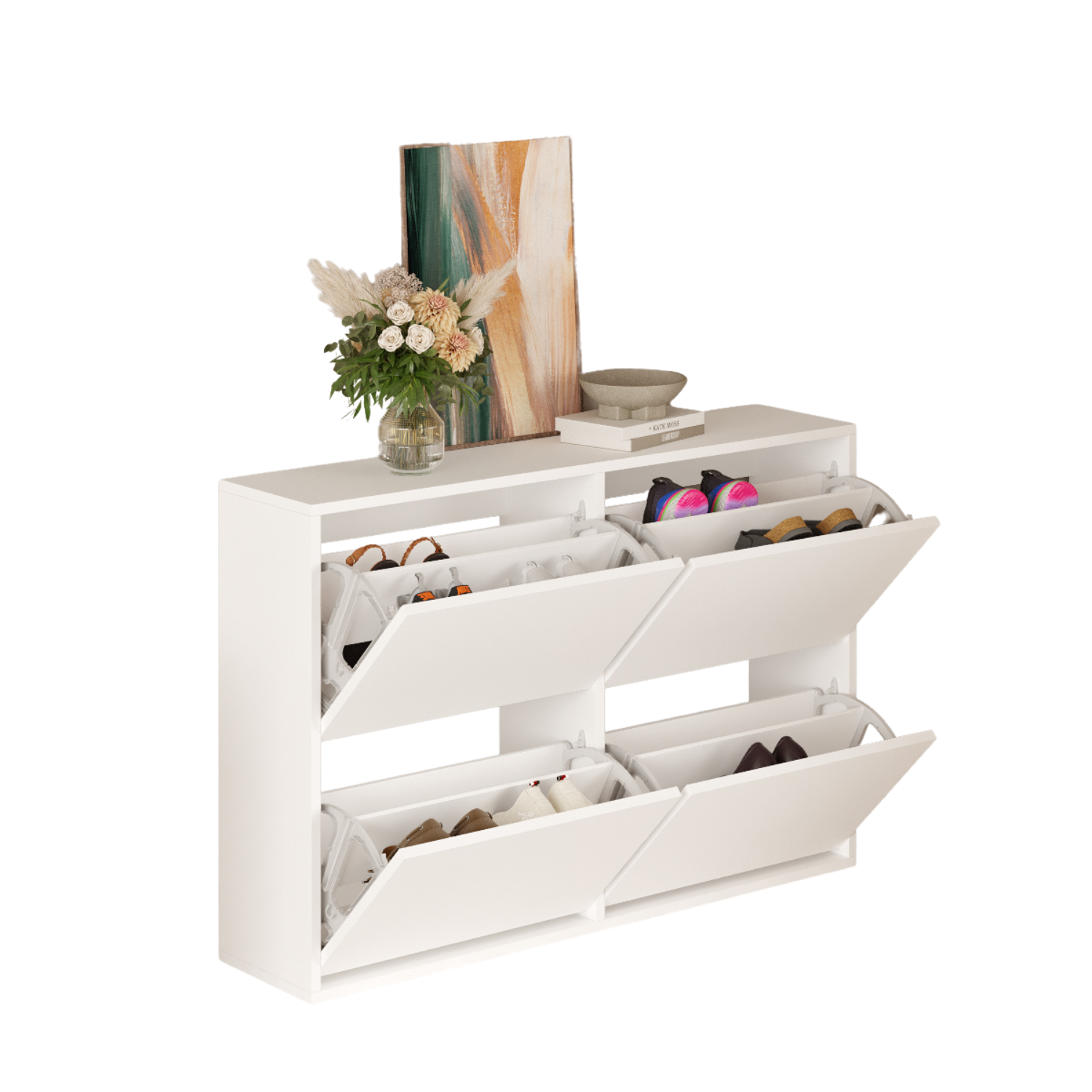 Pantofar cu 4 compartimente, capacitate pana la 16 perechi pantofi, mobilier hol, design slim, organizator pantofi, dimensiuni 117,5 x 27 x 79 cm, structura rezistenta, aspect modern, alb