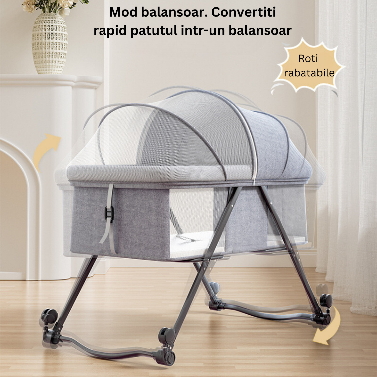 Patut Pliabil pentru bebelusi Bezubi Stars, multifunctional 3 in 1, pat, balansoar si plasa anti-insecte, sistem de blocare roti, 3 trepte de inclinare spatar si zona capului, portabil, adecvat nou nascuti - 2 ani, gri