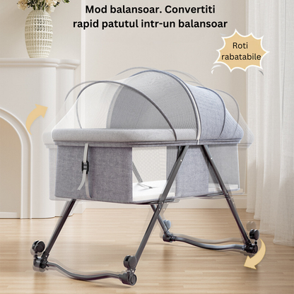 Patut Pliabil pentru bebelusi Bezubi Stars, multifunctional 3 in 1, pat, balansoar si plasa anti-insecte, sistem de blocare roti, 3 trepte de inclinare spatar si zona capului, portabil, adecvat nou nascuti - 2 ani, gri