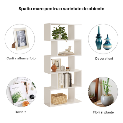Biblioteca Multifunctionala Bezubi Santorini, 5 rafturi, Design Modern si Elegant, Stabila, Rezistenta la Zgariere, Usor de asamblat, Sigura si Eco-Friendly, Alb