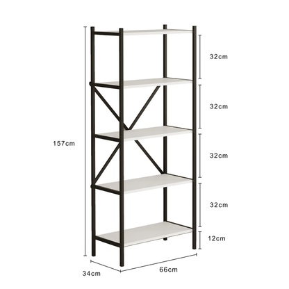 Etajera Multifunctionala Biblioteca Bezubi cu 4 rafturi deschise, design modern, cadru metalic robust si rafturi din lemn, stabilitate marita, tija in foma de X, ideala pentru carti, plante, decoratiuni, living, birou sau dormitor, alb