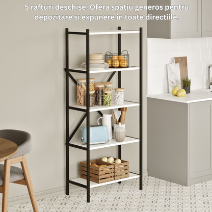 Etajera Multifunctionala Biblioteca Bezubi cu 4 rafturi deschise, design modern, cadru metalic robust si rafturi din lemn, stabilitate marita, tija in foma de X, ideala pentru carti, plante, decoratiuni, living, birou sau dormitor, alb