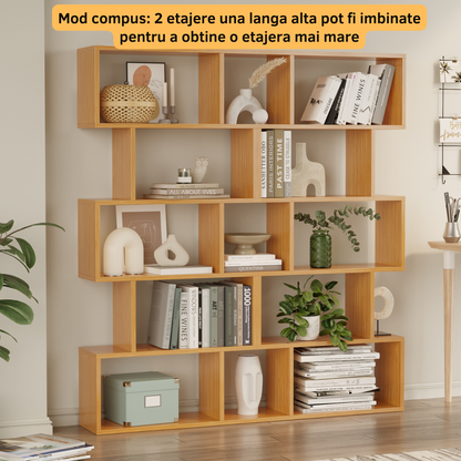 Biblioteca Multifunctionala Bezubi Santorini, 5 rafturi, Design Modern si Elegant, Stabila, Rezistenta la Zgariere, Usor de asamblat, Sigura si Eco-Friendly, Maro