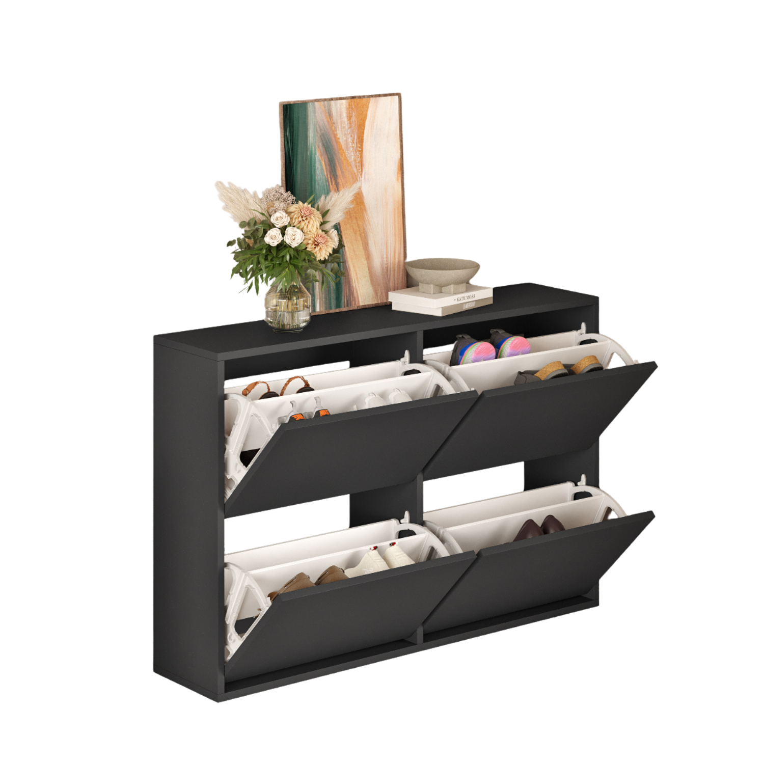 Pantofar cu 4 compartimente, capacitate pana la 16 perechi pantofi, mobilier hol, design slim, organizator pantofi, dimensiuni 117, 5 x 27 x 79 cm, structura rezistenta, aspect modern, gri
