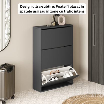 Pantofar Slim pentru Incaltaminte, Bezubi Bilbao, 3 Sertare, capacitate pana la 18 perechi, 110 X 73 X 24 cm, Sistem anti-inclinare, Design Subtire, Economie de Spatiu, pentru Hol, Dormitor sau Living, gri