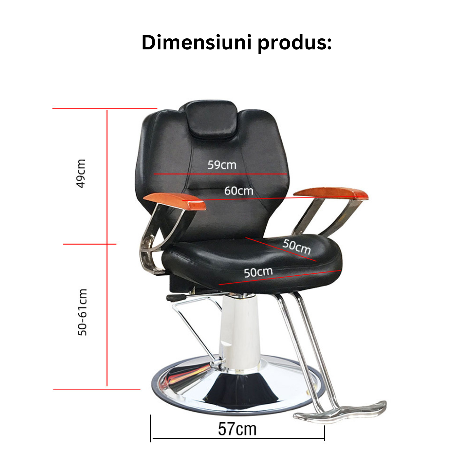 Scaun profesional pentru frizerie si barber shop Invincio™ PRO, Rotire la 360 grade, Rabatabil 180 grade, Piston hidraulic, Reglabil pe inaltime, Tetiera reglabila, Piele ecologica, Negru portocaliu