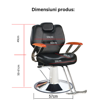 Scaun profesional pentru frizerie si barber shop Invincio™ PRO, Rotire la 360 grade, Rabatabil 180 grade, Piston hidraulic, Reglabil pe inaltime, Tetiera reglabila, Piele ecologica, Negru portocaliu