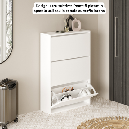 Pantofar Slim pentru Incaltaminte, Bezubi Bilbao, 3 Sertare, capacitate pana la 18 perechi, 110 X 73 X 24 cm, Sistem anti-inclinare, Design Subtire, Economie de Spatiu, pentru Hol, Dormitor sau Living, Alb