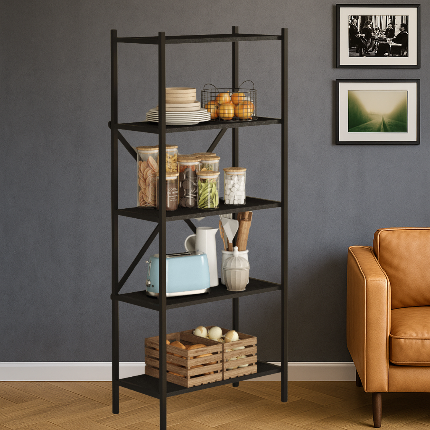 Etajera Multifunctionala, Biblioteca Bezubi cu 4 rafturi deschise, design modern, cadru metalic robust si rafturi din lemn, stabilitate marita, tija in foma de X, ideala pentru carti, plante, decoratiuni, living, birou sau dormitor, negru