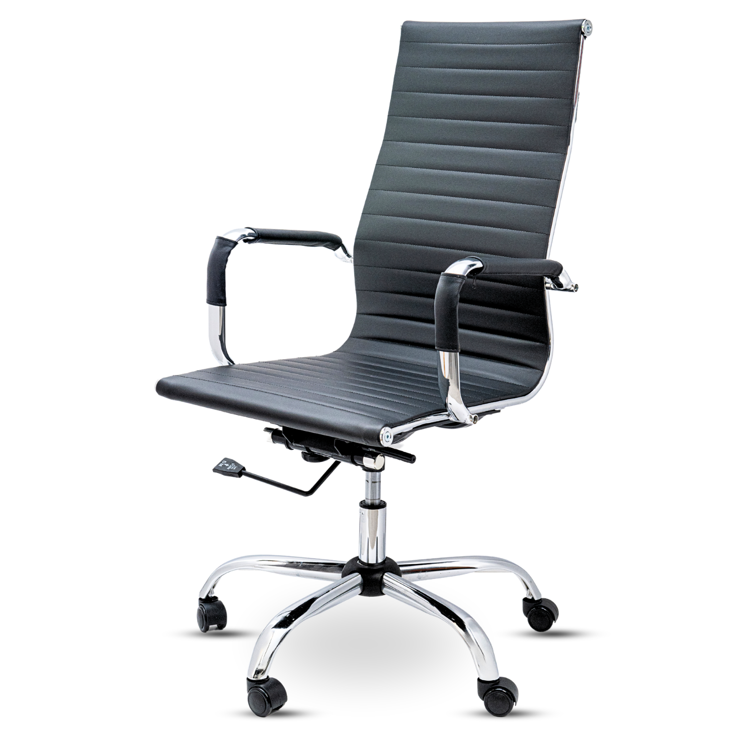 Scaun de birou Bezubi Executive, confortabil, pivotant, ergonomic cu spatar inalt, reglabil pe inaltime si inclinare, tapitat piele ecologica premium, suport pentru brate, cadru cromat, roti silentioase, negru