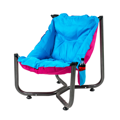 Scaun de plaja, gradina, pescuit si camping, Bezubi Campster, sezlong design ergonomic si demontabil, perna matlasata confortabila cu doua fete, buzunar lateral, material rezistent la umezeala, lavabil, fucsia-albastru