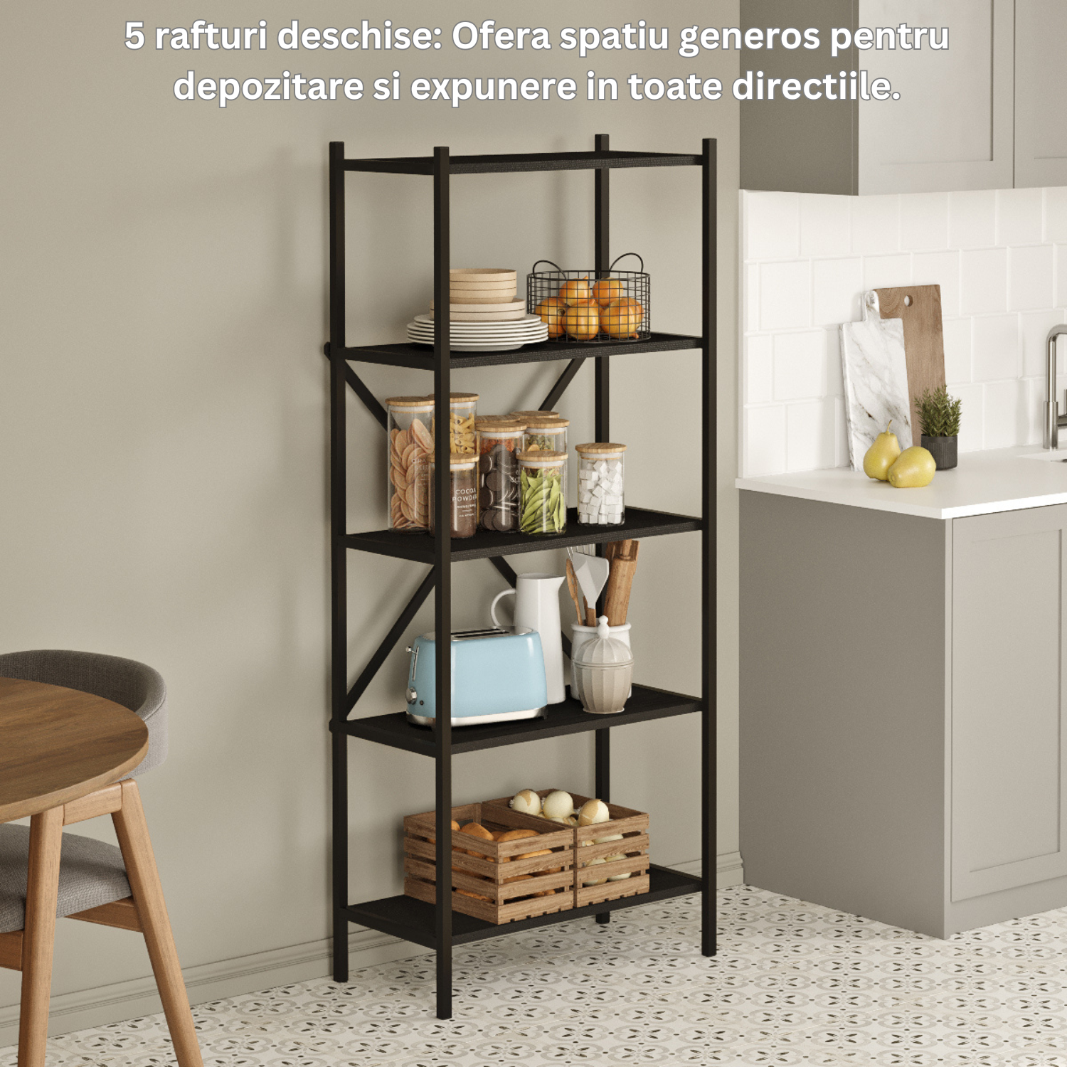 Etajera Multifunctionala, Biblioteca Bezubi cu 4 rafturi deschise, design modern, cadru metalic robust si rafturi din lemn, stabilitate marita, tija in foma de X, ideala pentru carti, plante, decoratiuni, living, birou sau dormitor, negru