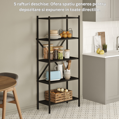 Etajera Multifunctionala, Biblioteca Bezubi cu 4 rafturi deschise, design modern, cadru metalic robust si rafturi din lemn, stabilitate marita, tija in foma de X, ideala pentru carti, plante, decoratiuni, living, birou sau dormitor, negru