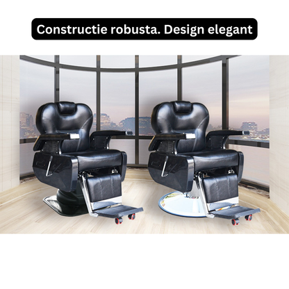 Scaun profesional pentru frizierie Invincio ProBarber 2, versatil, materiale premium, structura otel cromat, disc galvanizat, piston hidraulic, rotire la 360 de grade, spatar rabatabil, inaltime reglabila, piele ecologica, negru mat