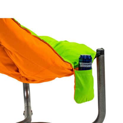 Scaun de plaja, gradina, pescuit si camping, Bezubi Campster, sezlong design ergonomic si demontabil, perna matlasata confortabila cu doua fete, buzunar lateral, material rezistent la umezeala, lavabil, verde-portocaliu