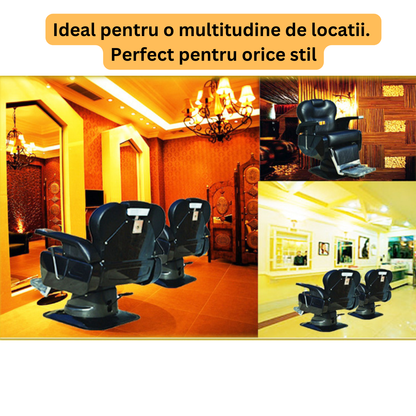 Scaun profesional pentru frizierie Invincio ProBarber 2, versatil, materiale premium, structura otel cromat, disc galvanizat, piston hidraulic, rotire la 360 de grade, spatar rabatabil, inaltime reglabila, piele ecologica, negru mat