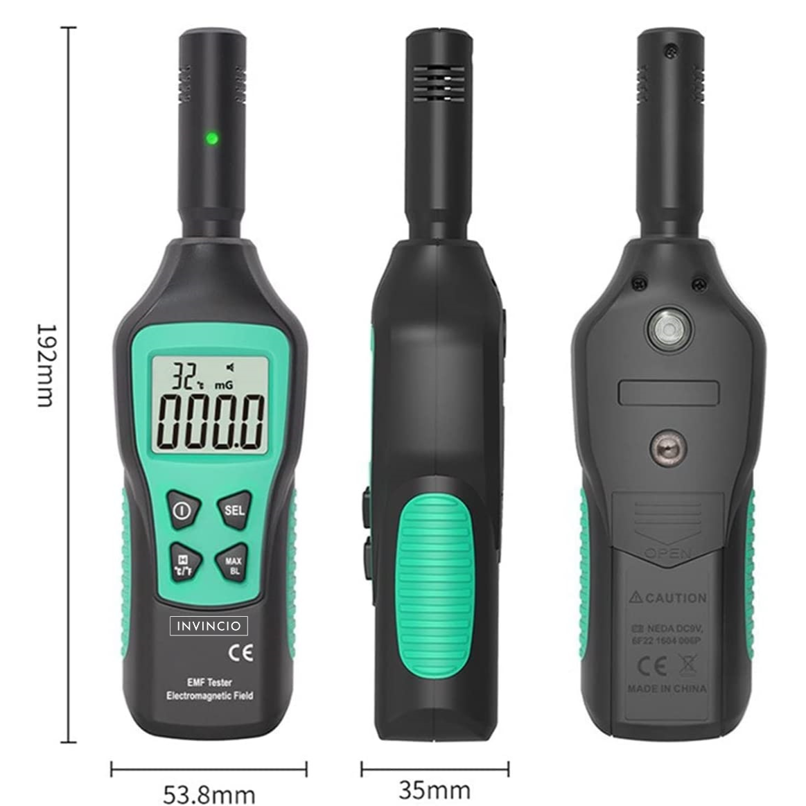 Detector radiatii electro-magnetice Invincio, detectie mG/µT/(V/M), display LCD iluminat, masoara si temperatura ℃/℉, functie memorare valoare maxima, lanterna, culoare verde