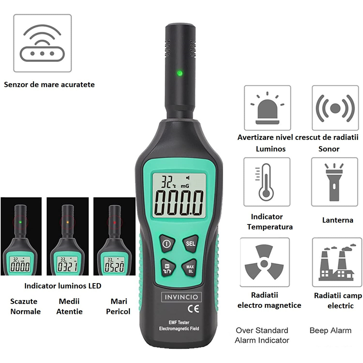Detector radiatii electro-magnetice Invincio, detectie mG/µT/(V/M), display LCD iluminat, masoara si temperatura ℃/℉, functie memorare valoare maxima, lanterna, culoare verde