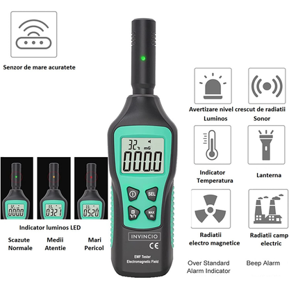 Detector radiatii electro-magnetice Invincio, detectie mG/µT/(V/M), display LCD iluminat, masoara si temperatura ℃/℉, functie memorare valoare maxima, lanterna, culoare verde
