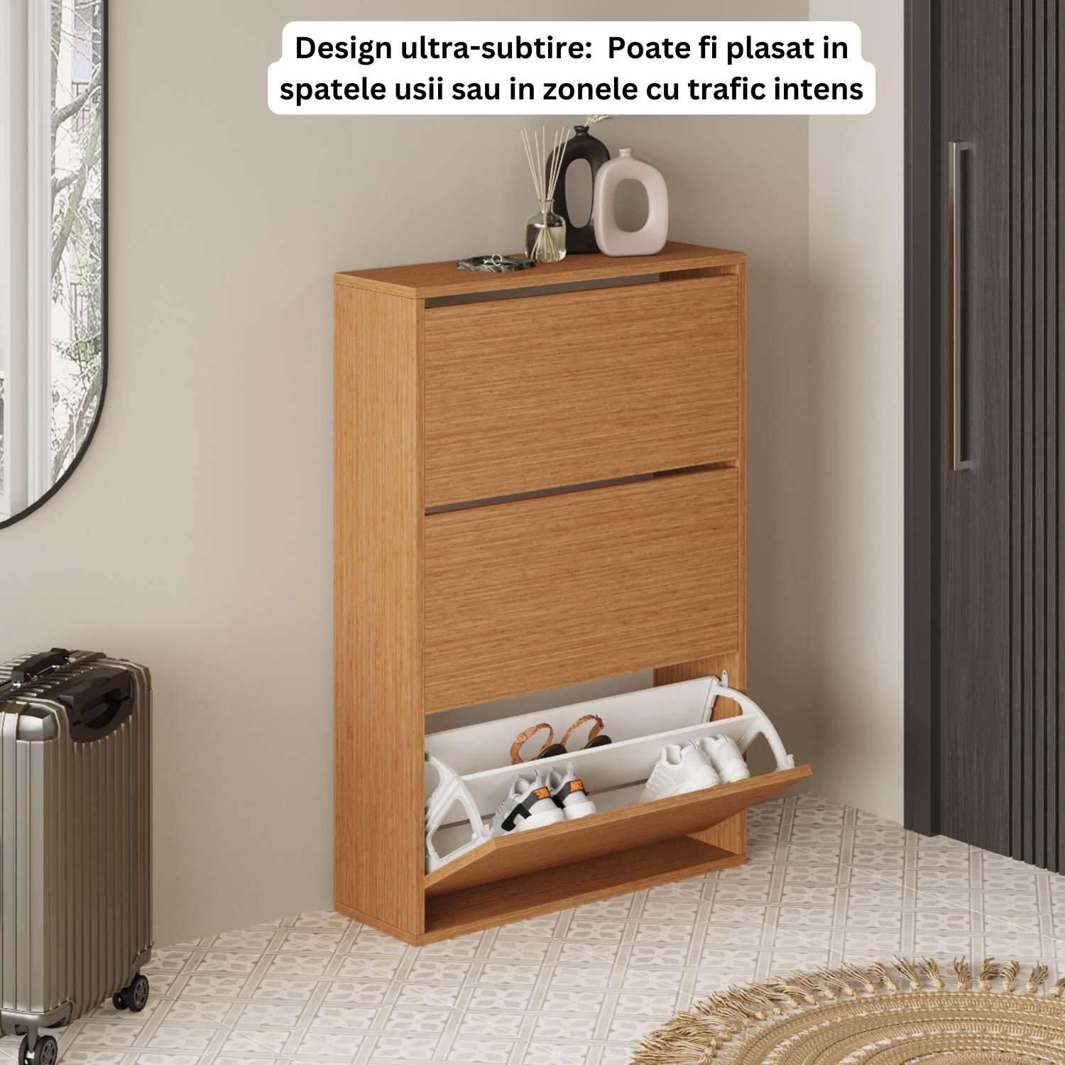 Pantofar Slim pentru Incaltaminte, Bezubi Bilbao, 3 Sertare, capacitate pana la 18 perechi, 110 X 73 X 24 cm, Sistem anti-inclinare, Design Subtire, Economie de Spatiu, pentru Hol, Dormitor sau Living, maro