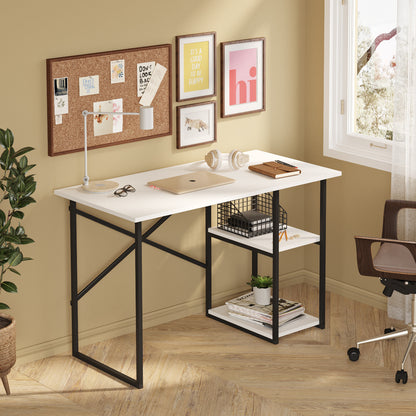 Birou de Calculator Bezubi Vienna, Design Modern, 2 Rafturi Laterale pentru Depozitare, Blat cu Finisaj Stejar, Cadru Metalic Negru, Compact si Robust, Dimensiuni 120x60x76 cm, Usor de Asamblat, alb