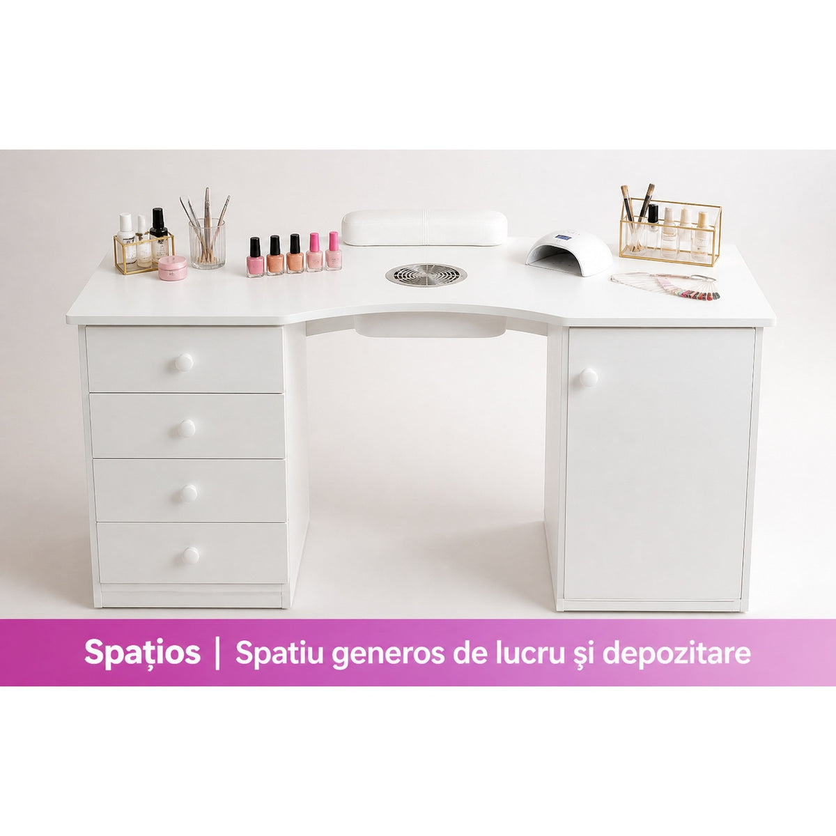 Masa manichiura profesionala Invincio, cu aspirator de praf, 4 sertare si dulap lateral, alb, 120x45x76 cm