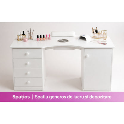 Masa manichiura profesionala Invincio, cu aspirator de praf, 4 sertare si dulap lateral, alb, 120x45x76 cm
