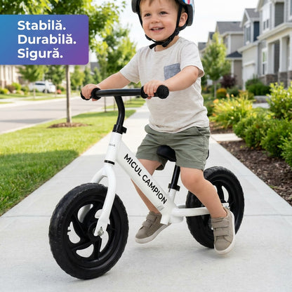 Bicicleta Fara Pedale, Invincio Micul Campion, pentru Copii 3-6 Ani, Roti EVA Anti-Pana, Scaun si Ghidon Reglabil, Cadru Otel Usor, Manere Antialunecare – Perfecta pentru Echilibru si Coordonare, Capacitate Maxima 30 de kg, Alba