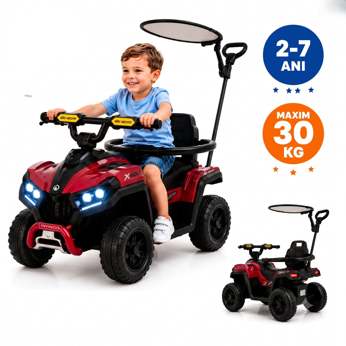 ATV de impins pentru copii Invincio Micul Campion OffRoad 2 in 1, 2-7 ani, maner parental, bara protectie si parasolar detasabile, Faruri functionale, panou muzical USB, suport picioare, max. 30 kg, Rosu