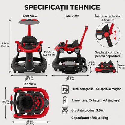 Premergator Invincio Micul Campion Driver, Lumini si 5 Melodii educationale in Limba Romana, multifunctional, antemergator, umbrar si maner control parental, reglabil pe inaltime, roti cu frana de siguranta, Rosu Negru