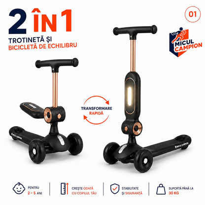 Trotineta copii 2 in 1 cu scaun INVINCIO Play Micul Campion, Bicicleta de echilibru, 3 roti EVA pline si silentioase, Lumina LED frontala Siguranta Sporita, Ghidon reglabil, Pliabila usor de depozitat si transportat, 2-5 ani, max. 30 kg, Negru