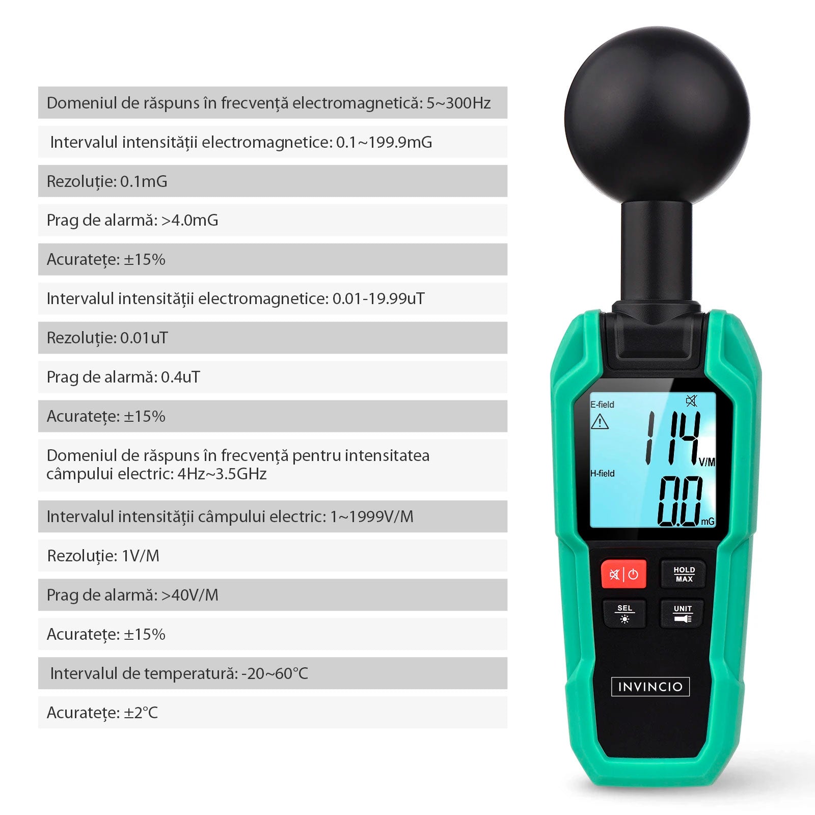 Detector Radiatii Electro-magnetice Invincio EMF, Digital cu Display LCD Iluminat, Detectare Camp Electric, Electromagnetic, mG/µT/(V/M), Temperatura ℃/℉, Functie Memorare Valoare Maxima, Lanterna, Negru