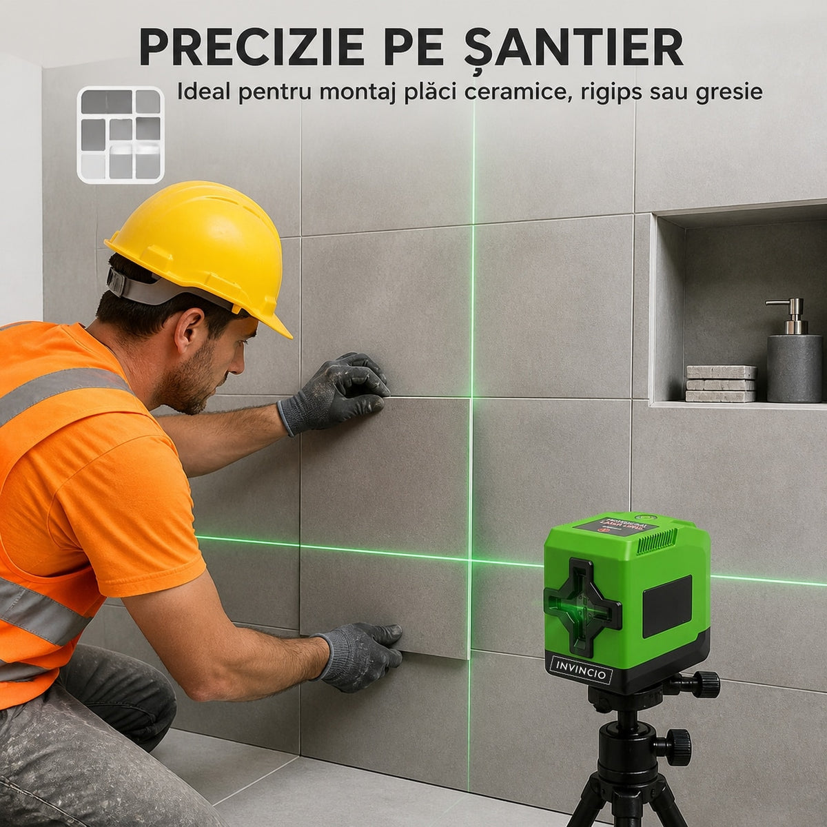 Nivela laser verde Invincio Practic Pro, fascicol Laser Verde Vizibil in cruce pentru vertical si orizontal, auto-nivelare ±4º grade, raza 30 m, intensitati luminare, functie blocare pentru linii diagonale, precizie ±1 mm, verde