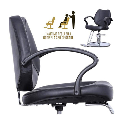Scaun profesional pentru frizierie Invincio EasyCut 2, design ergonomic, piston hidraulic, rotire la 360 de grade, inaltime reglabila, material durabil si rezistent, negru mat