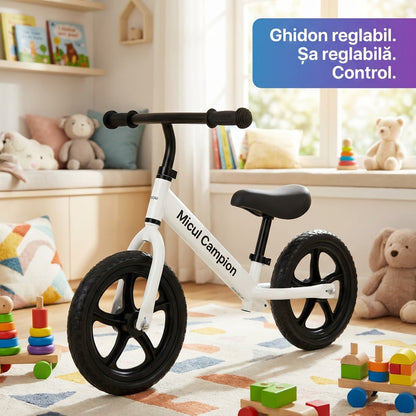 Bicicleta Fara Pedale, Invincio Micul Campion, pentru Copii 3-6 Ani, Roti EVA Anti-Pana, Scaun si Ghidon Reglabil, Cadru Otel Usor, Manere Antialunecare – Perfecta pentru Echilibru si Coordonare, Capacitate Maxima 30 de kg, Alba