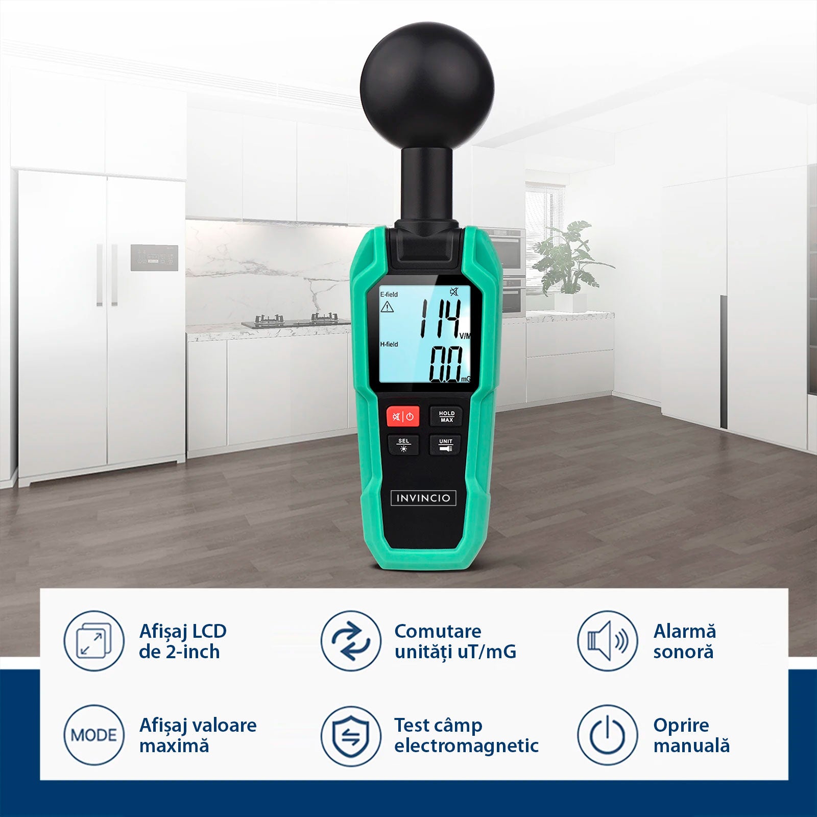 Detector Radiatii Electro-magnetice Invincio EMF, Digital cu Display LCD Iluminat, Detectare Camp Electric, Electromagnetic, mG/µT/(V/M), Temperatura ℃/℉, Functie Memorare Valoare Maxima, Lanterna, Negru