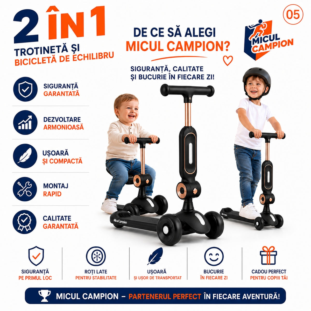 Trotineta copii 2 in 1 cu scaun INVINCIO Play Micul Campion, Bicicleta de echilibru, 3 roti EVA pline si silentioase, Lumina LED frontala Siguranta Sporita, Ghidon reglabil, Pliabila usor de depozitat si transportat, 2-5 ani, max. 30 kg, Negru