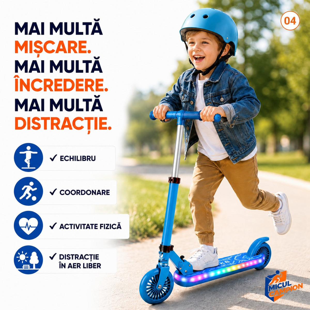 Trotineta copii LED Invincio Micul Campion Pilot, 2-10 ani, pliabila, 2 roti, 7 culori LED, 14 moduri iluminare, platforma anti-derapanta, roti luminoase, ghidon reglabil 3 nivele 76-87 cm, frana spate, cadru rezistent si usor suporta 30kg, Albastra