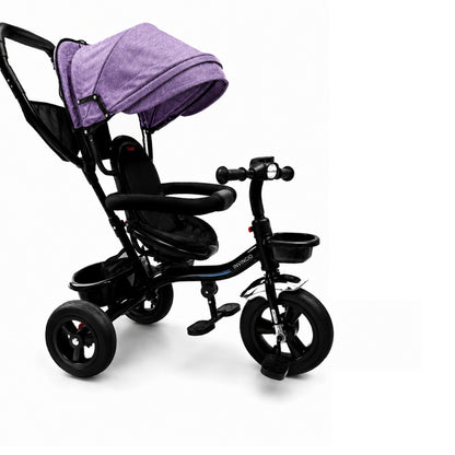 Tricicleta Copii Invincio Micul Campion Explorer, Scaun Reversibil 360°, Lumini si Muzica, Copertina anti ploaie si soare UV Extensibila si detasabila, Maner Parental, Roti EVA confort silentioase, Cos Depozitare, Bara Protectie, 2-5 Ani, Max. 35 Kg, Mov