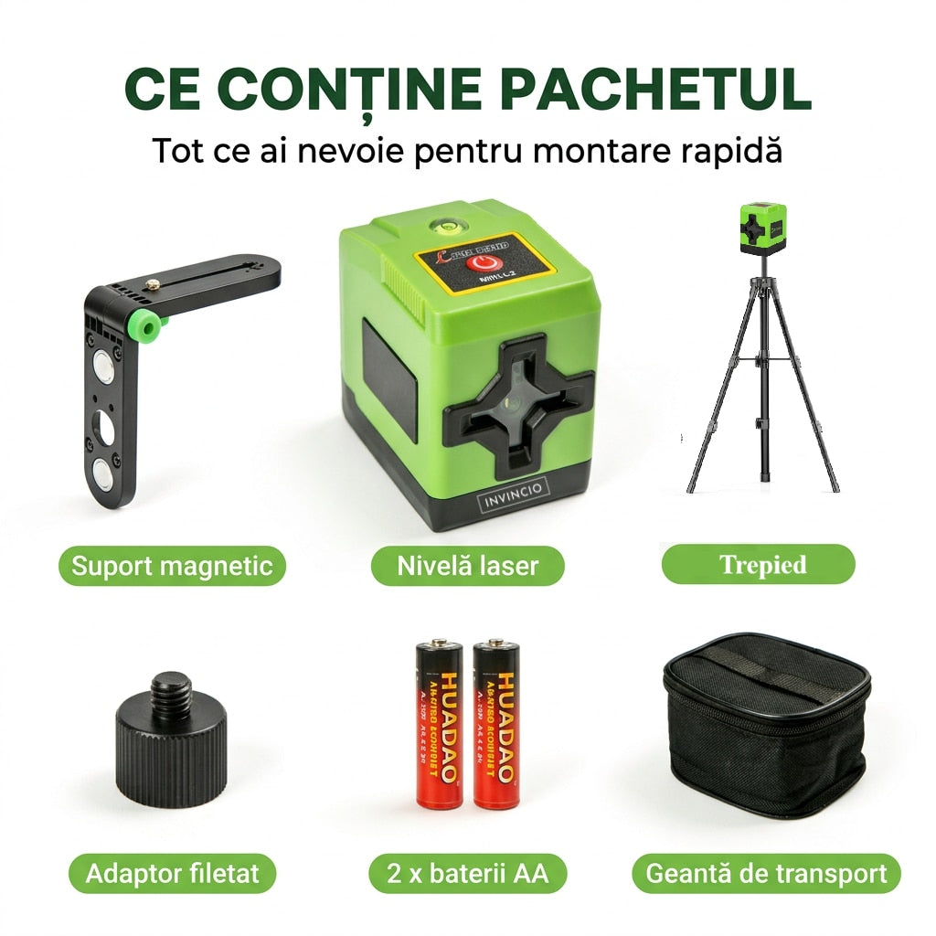 Nivela laser verde Invincio Practic Pro, fascicol Laser Verde Vizibil in cruce pentru vertical si orizontal, auto-nivelare ±4º grade, raza 30 m, intensitati luminare, functie blocare pentru linii diagonale, precizie ±1 mm, verde