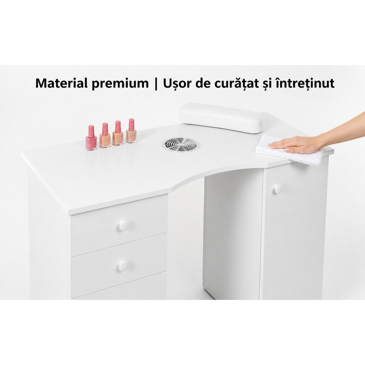 Masa manichiura profesionala Invincio, cu aspirator de praf, 4 sertare si dulap lateral, alb, 120x45x76 cm
