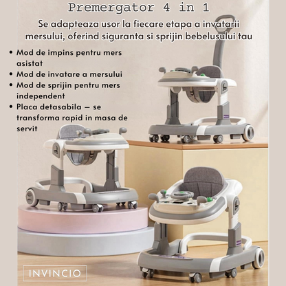 Premergator 4 in 1 INVINCIO First Steps, copii 6-24 luni, Jucarii Motricitate Interactive, Mod Antemergator, roti silentioase, sistem anti-rasturnare, pliabil si ajustabil pe inaltime in 4 nivele, greutate maxima 30 kg, gri